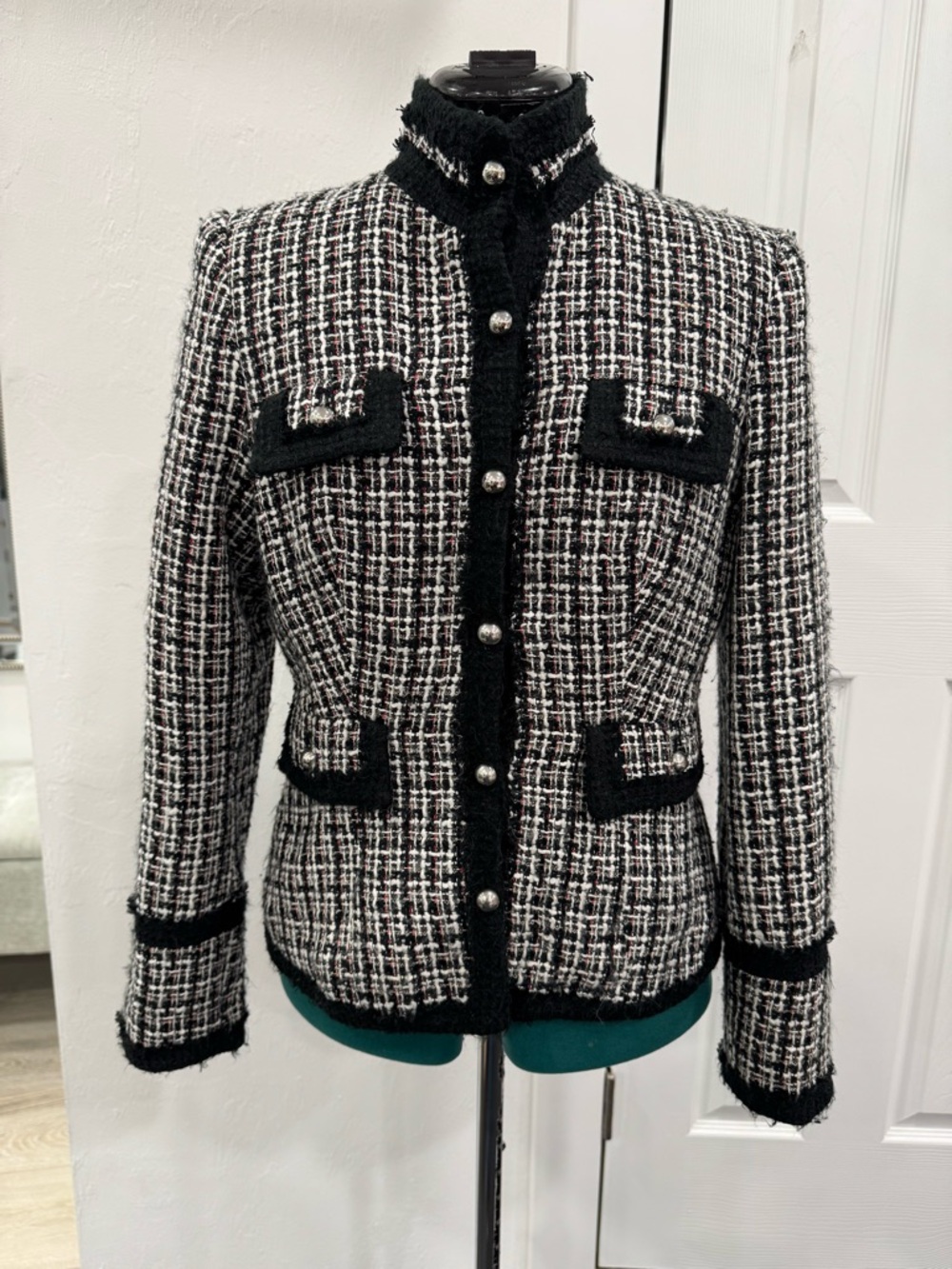 White House Black Market Black and White Tweed Pearl-Button Jacket